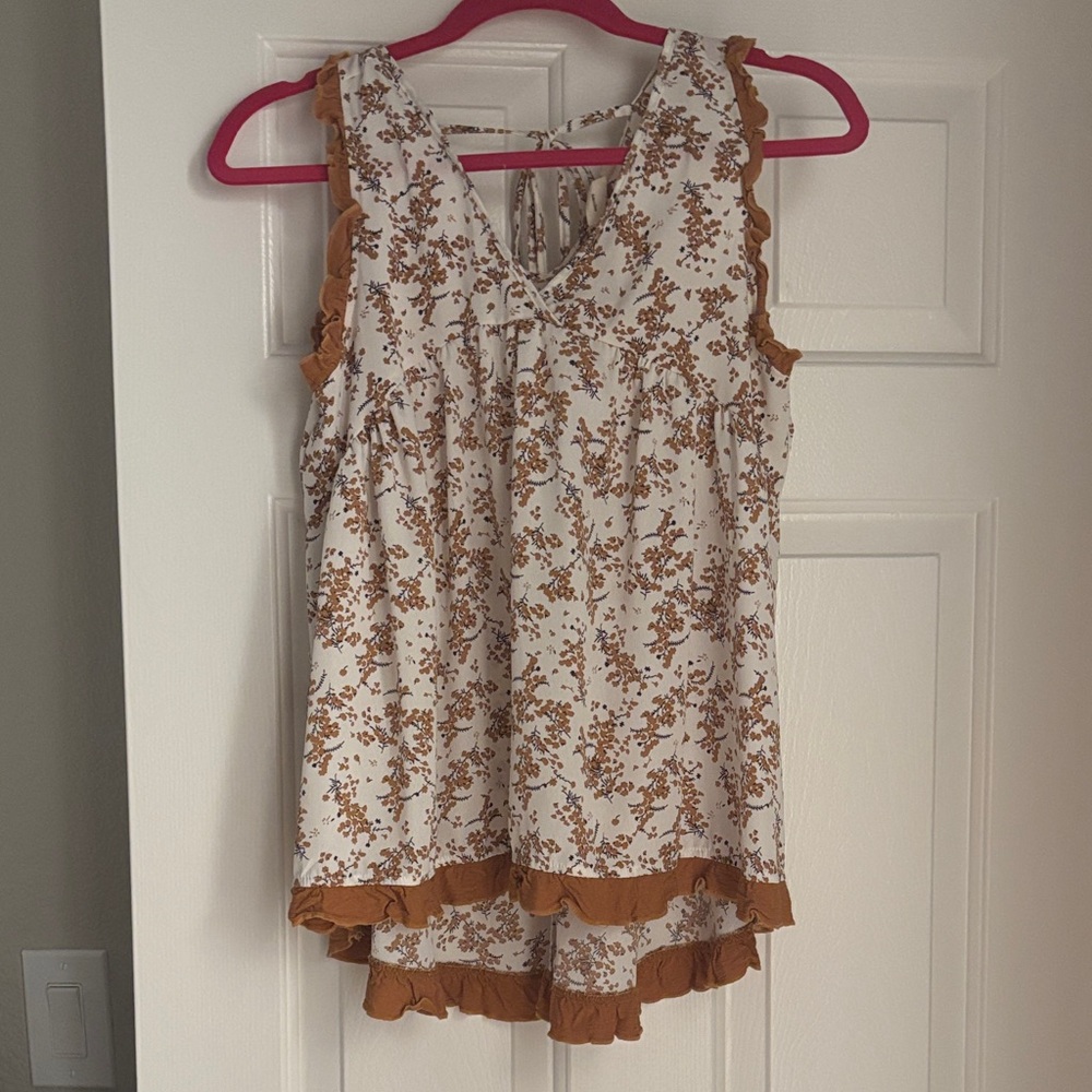 Floral Ruffle Trim Tank Top - Brown and White